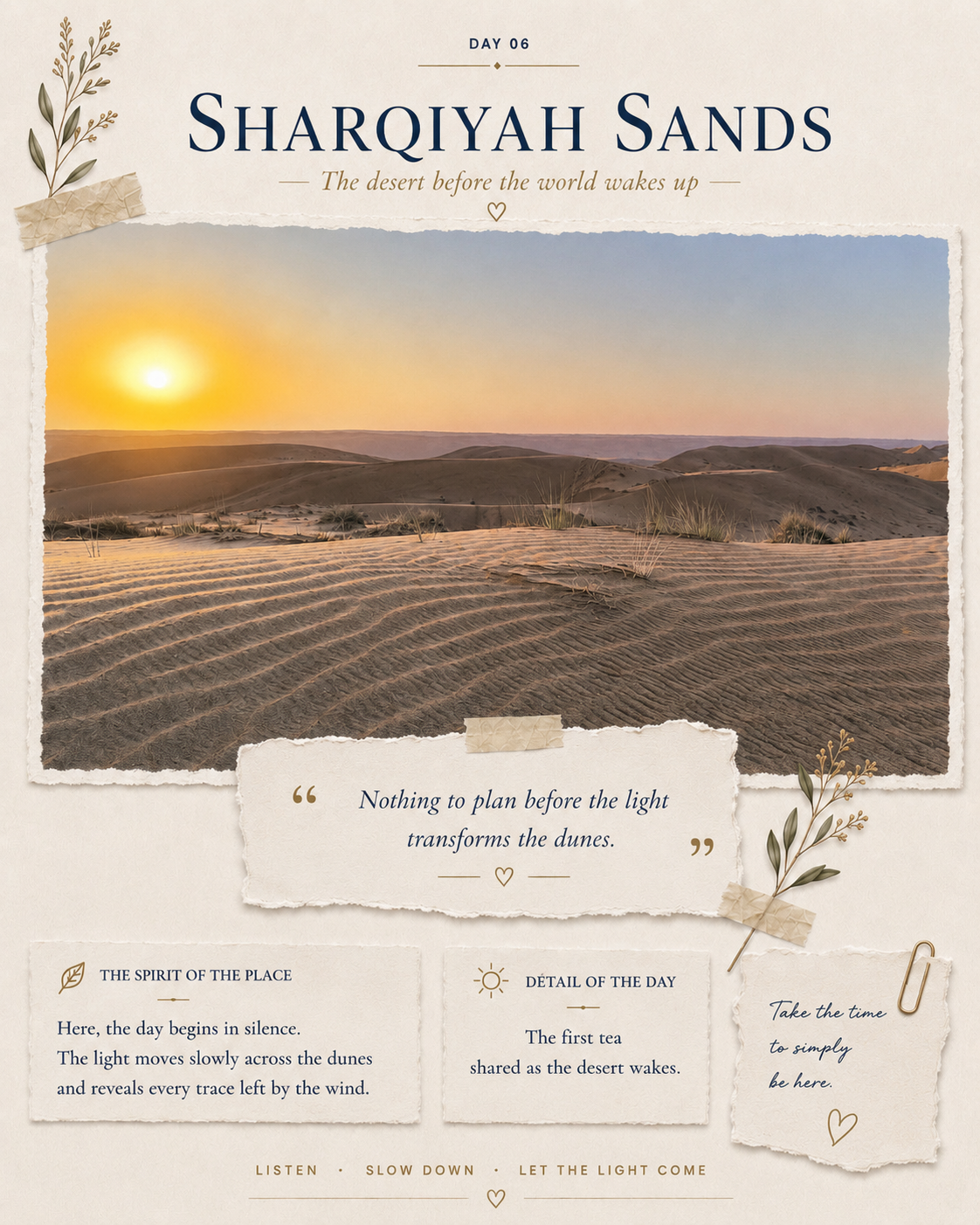 Contemplative NAWA travel journal excerpt showing sunrise over the dunes of Sharqiyah Sands.