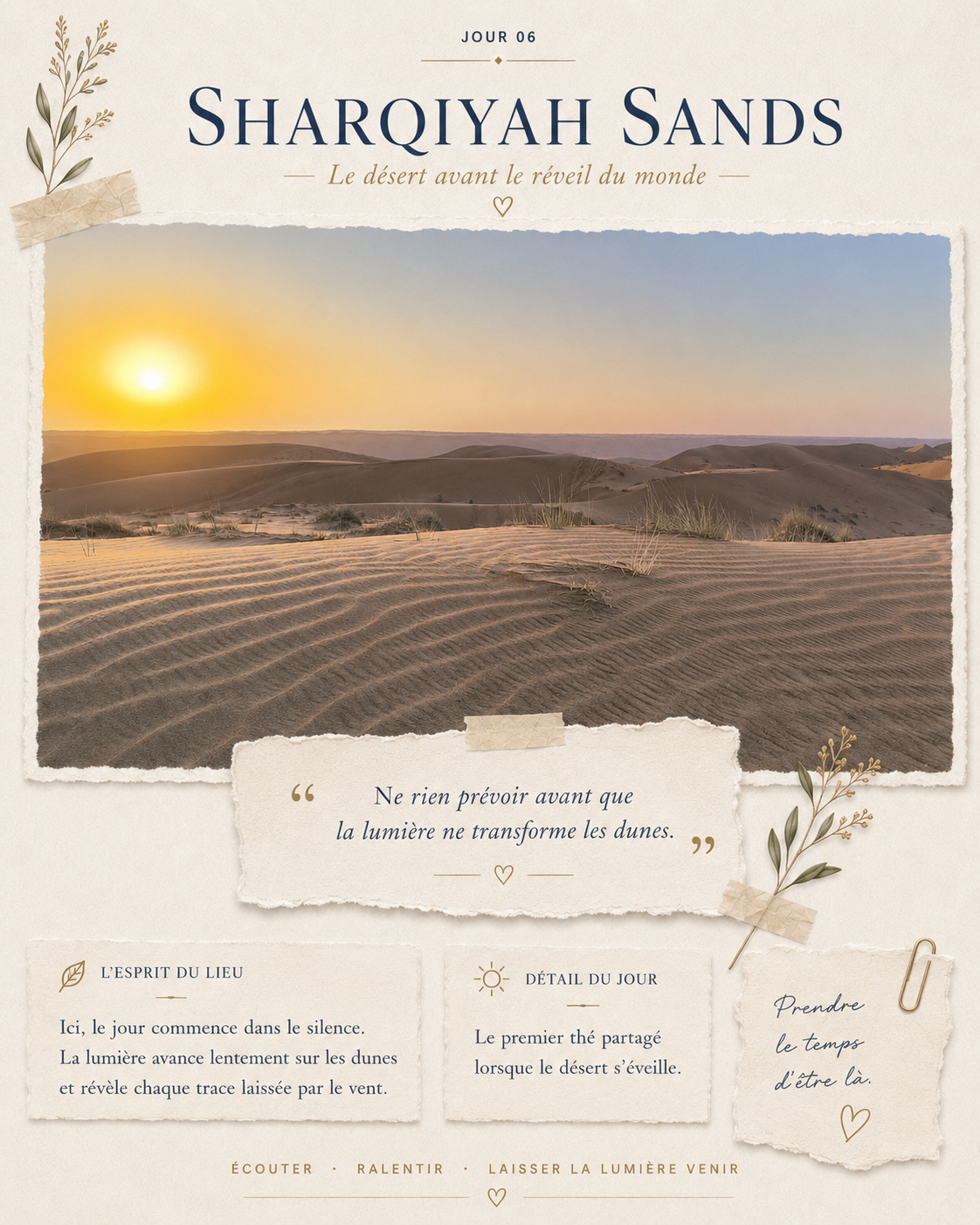 Extrait contemplatif du carnet NAWA montrant le lever du jour dans les dunes de Sharqiyah Sands.
