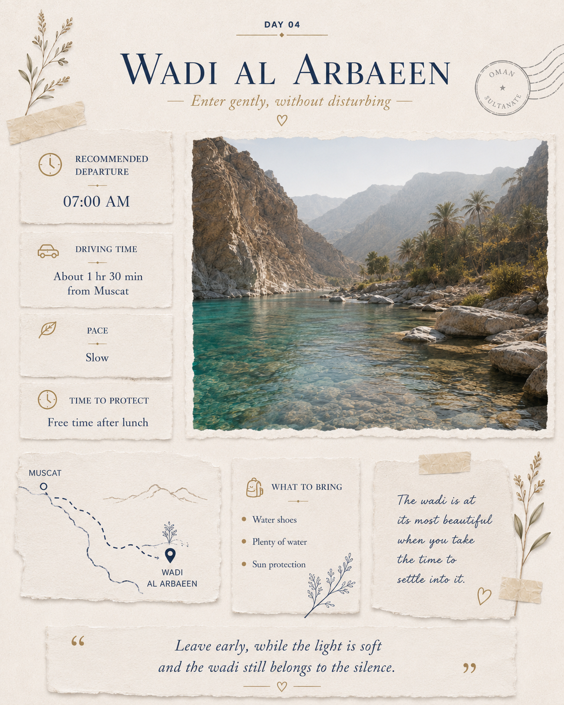 NAWA travel journal excerpt presenting a day at Wadi Al Arbaeen with a photograph, practical guidance and a route from Muscat.