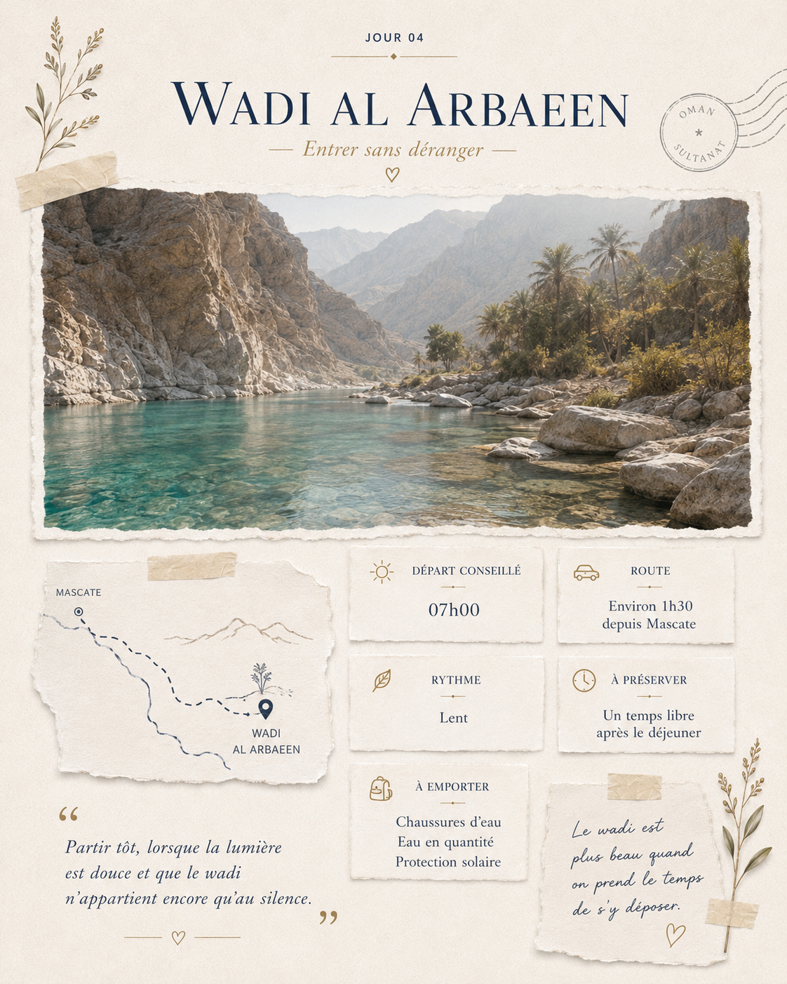 Extrait du carnet NAWA présentant une journée au Wadi Al Arbaeen avec photographie, repères pratiques et itinéraire depuis Mascate.
