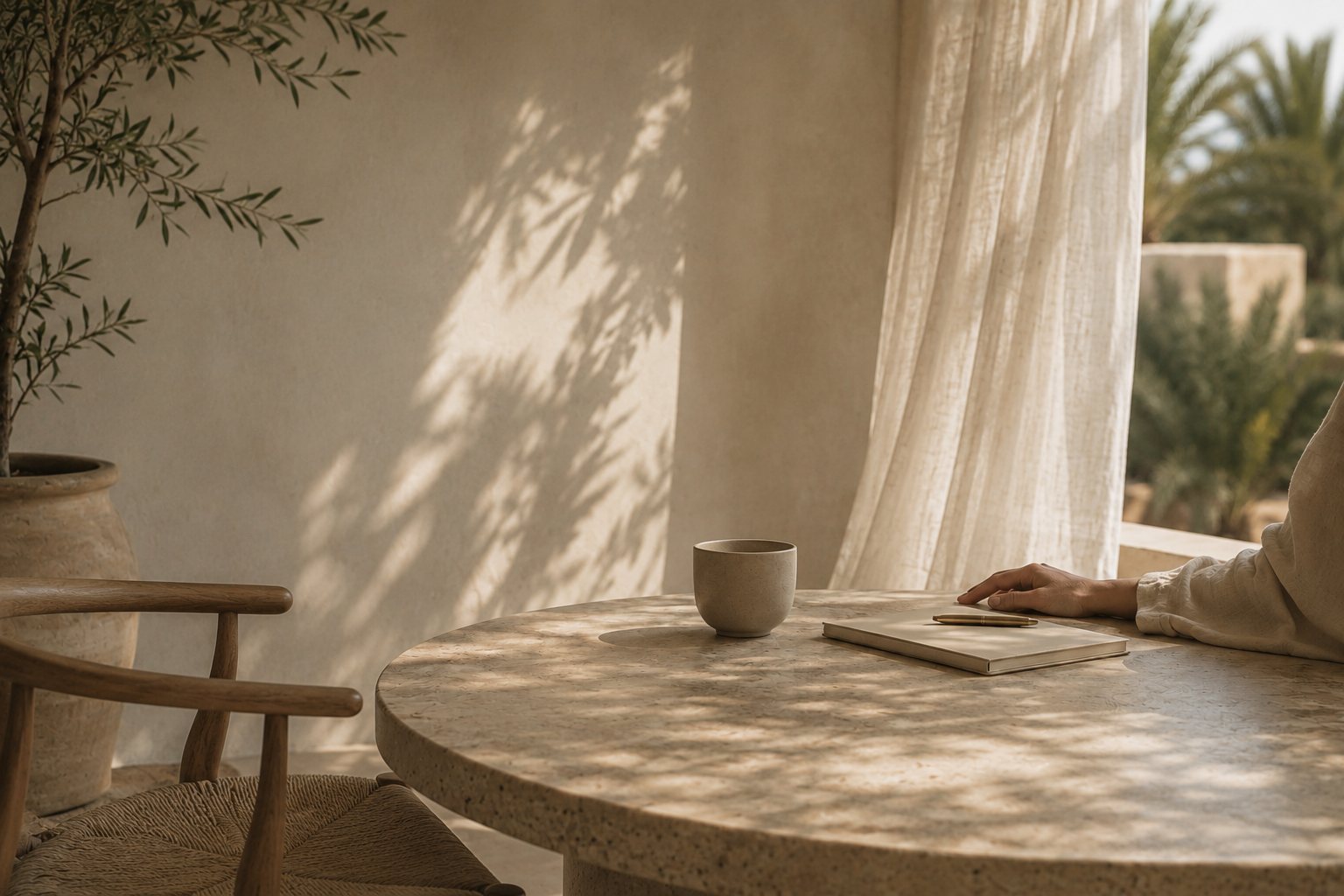 Deux fauteuils autour d’une table claire, avec une tasse, un carnet et une présence discrète près d’une fenêtre