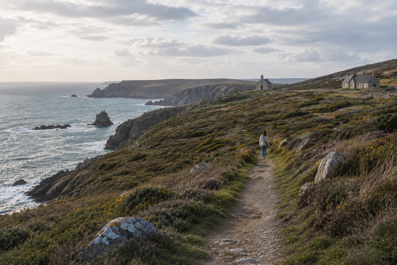Sentier côtier en Bretagne avec une marcheuse au loin