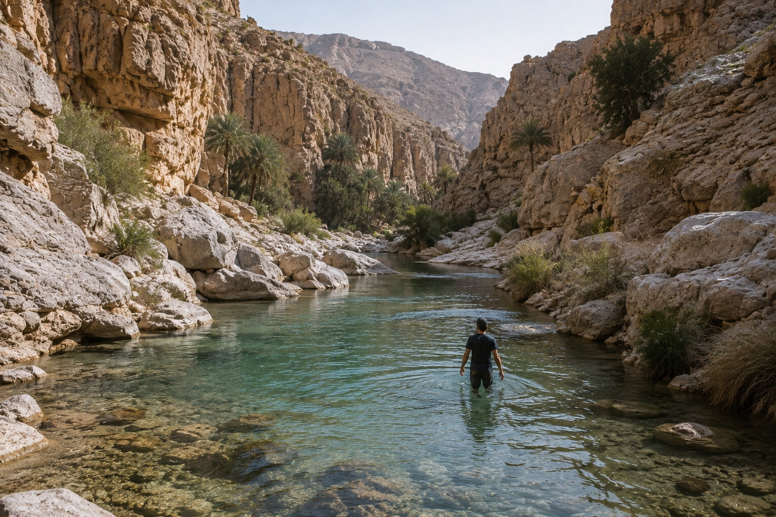 Personne marchant dans l’eau claire d’un wadi rocheux à Oman
