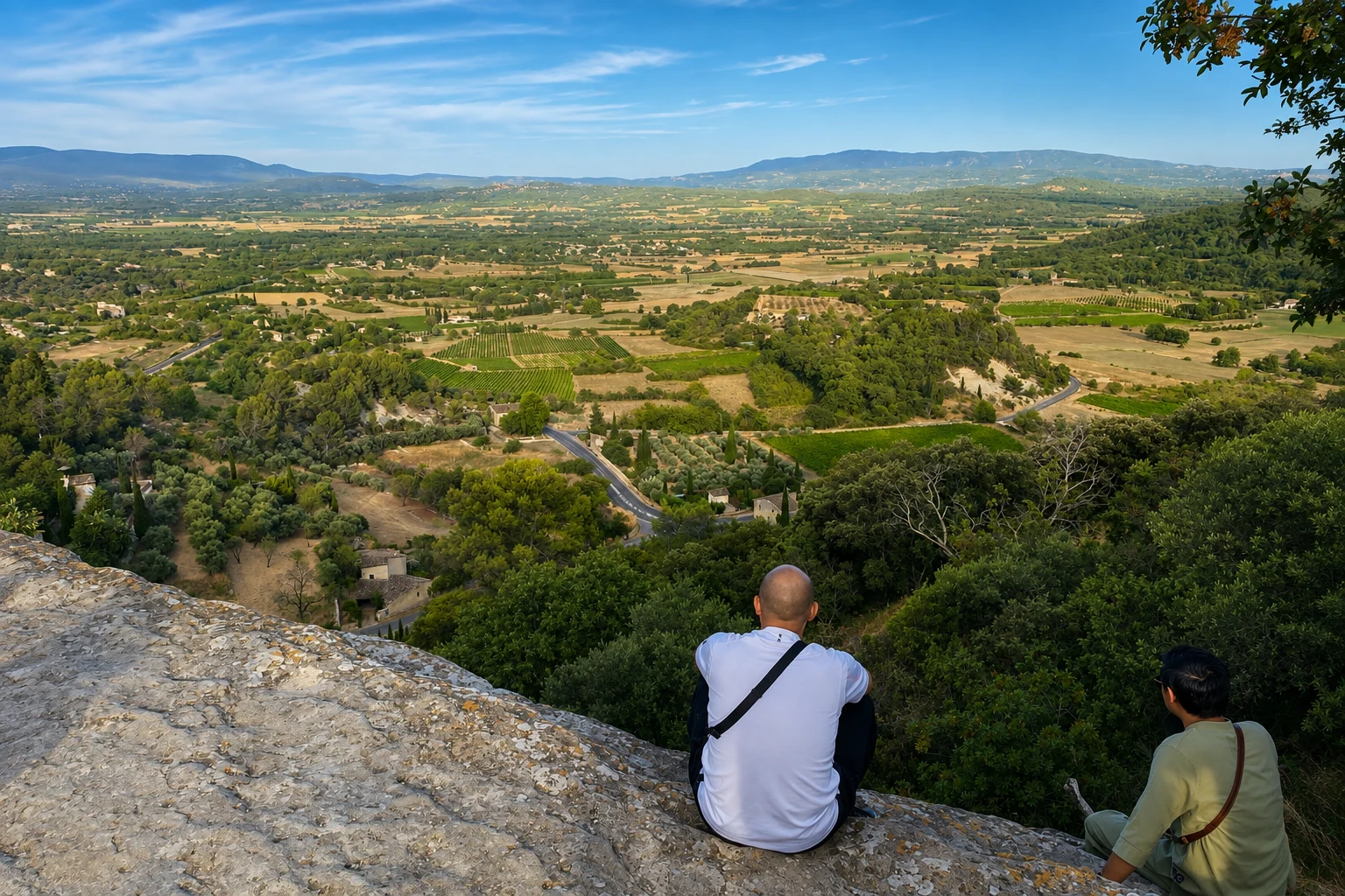 Deux voyageurs assis de dos face à un vaste panorama.