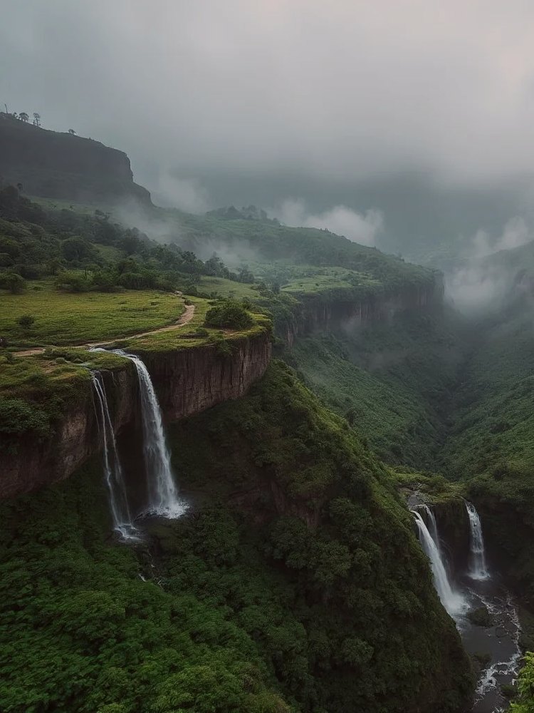 Montagnes vertes et brumeuses du Dhofar pendant le khareef