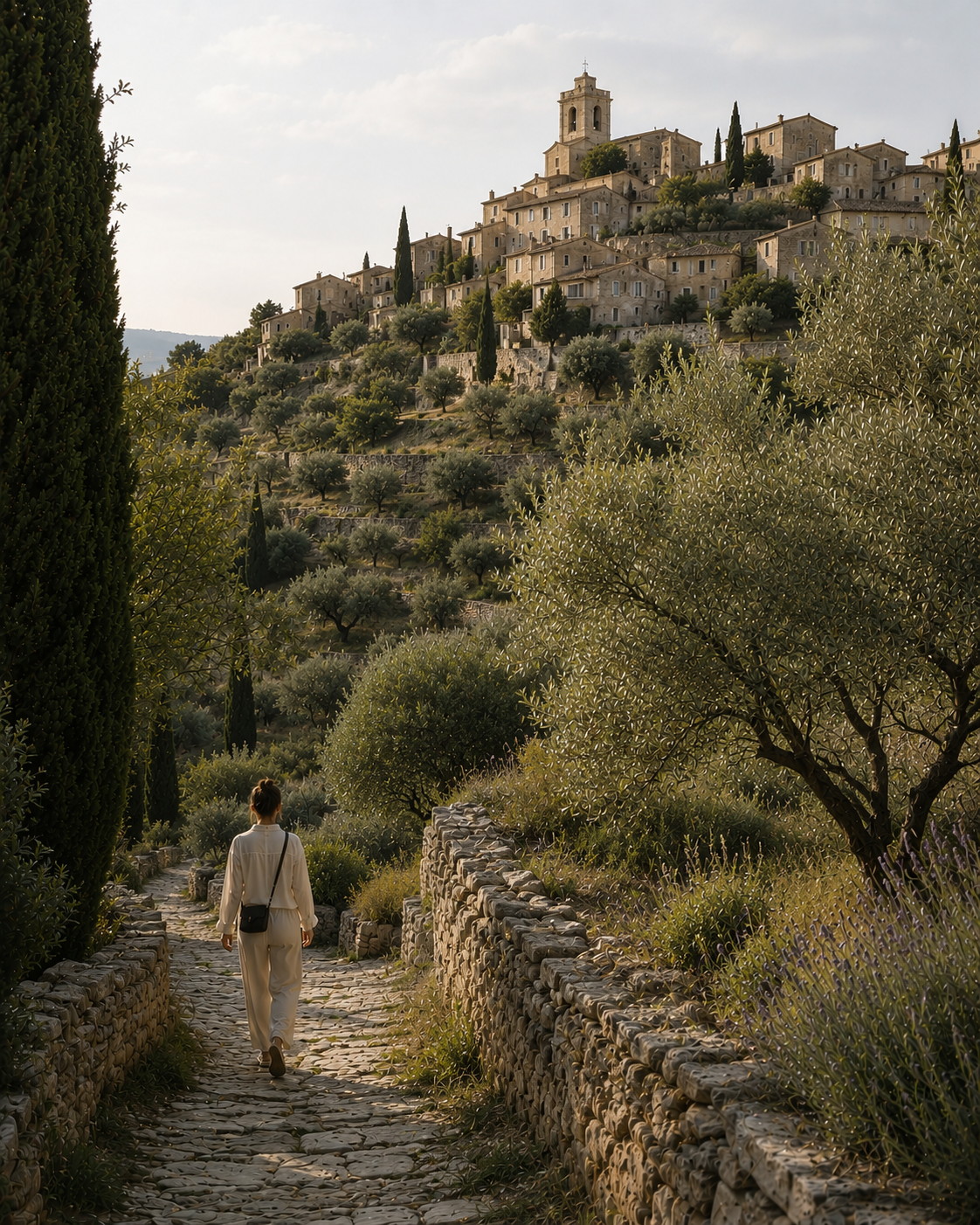 Voyageuse marchant vers un village perché de Provence