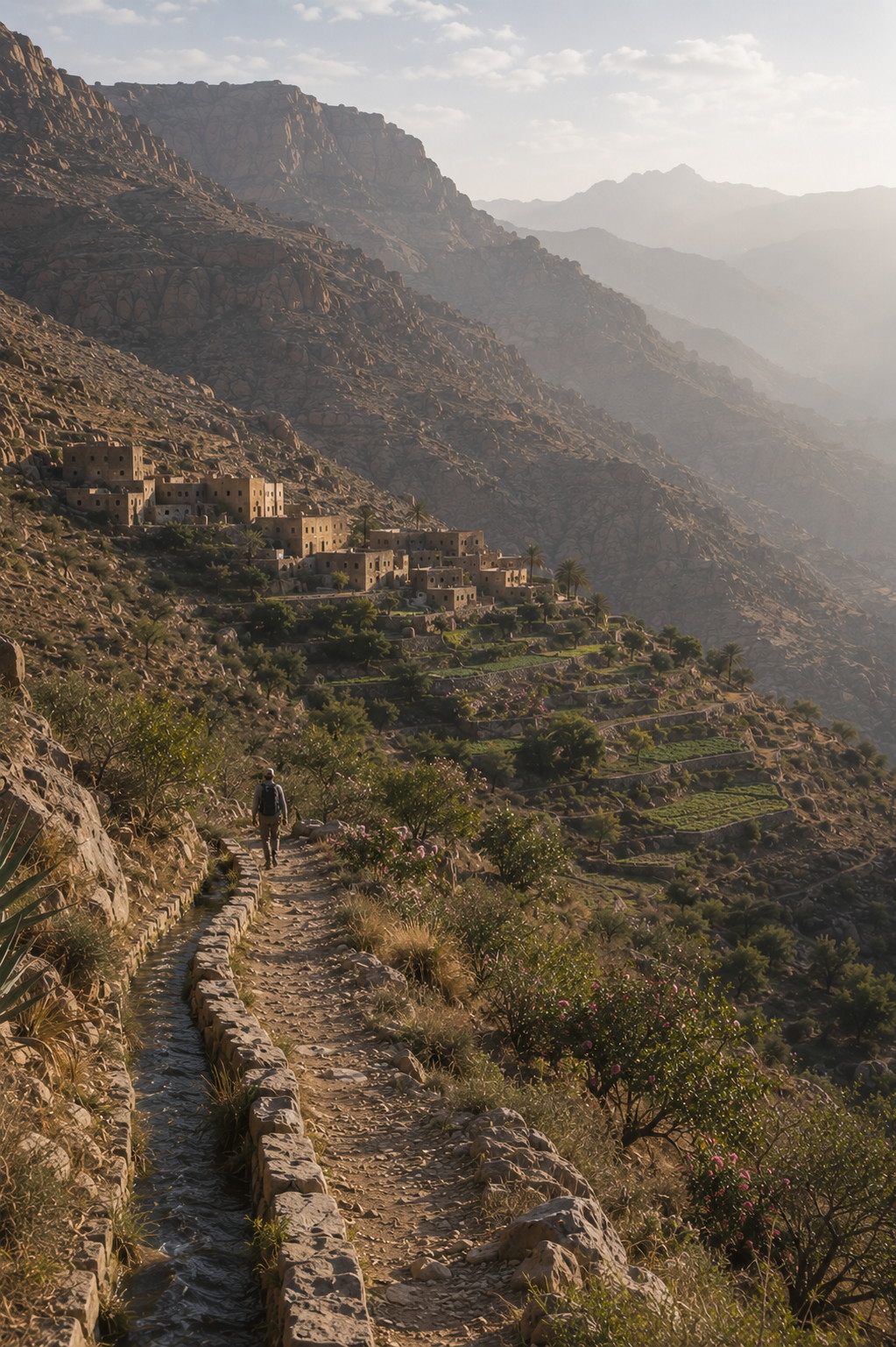 Voyageur de dos sur les terrasses montagneuses d’Oman